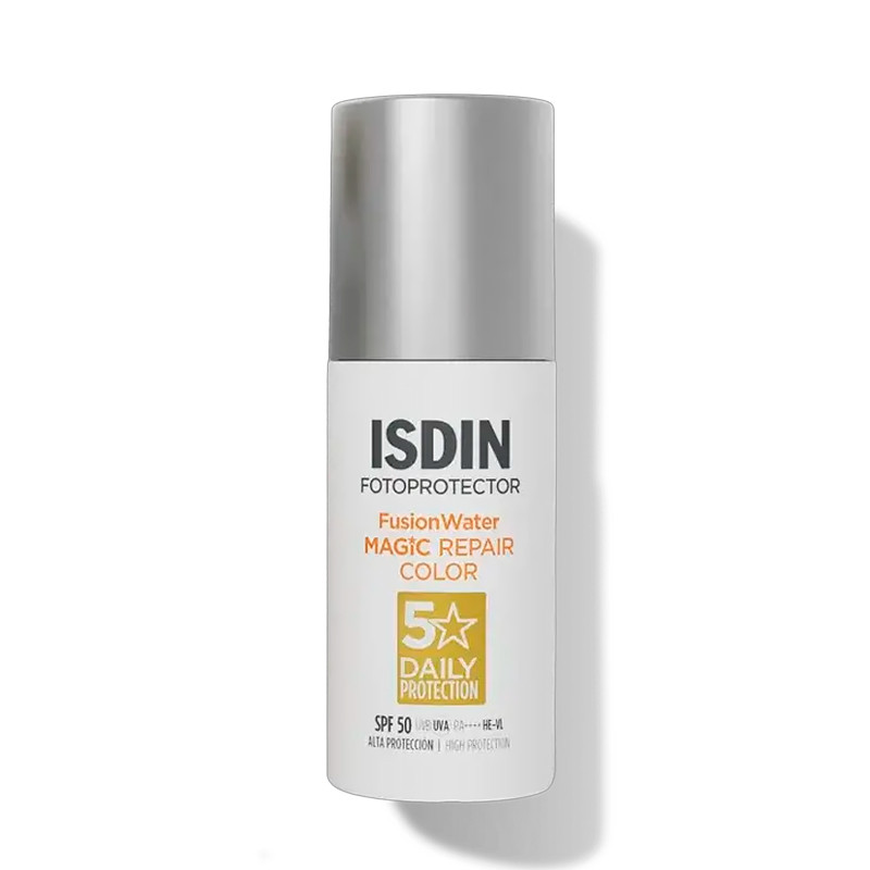 Isdin Light/Dark Fluid Base Fusion Water Magic Repair Color Spf 50 Facial Sunscreen With Tint And Triple Anti-Aging Action