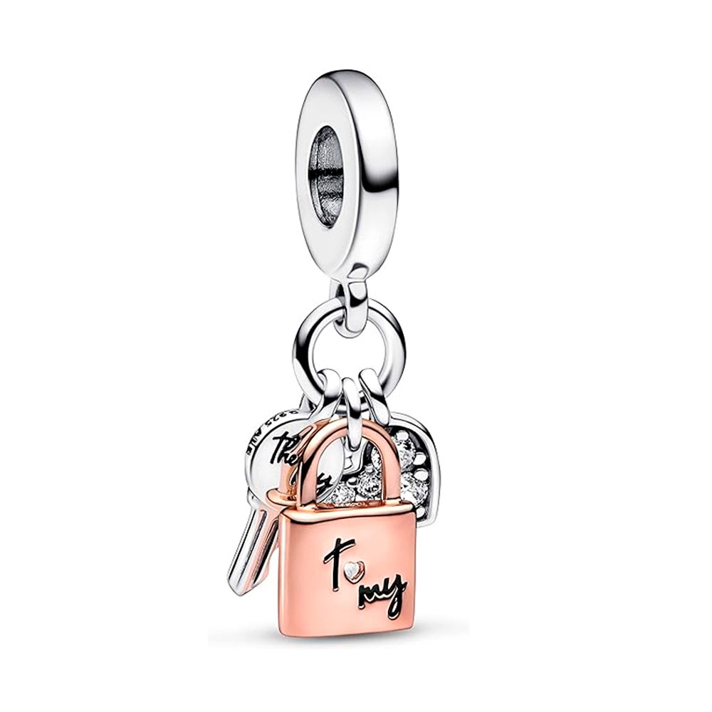 Pandora Silver/Gold Charms Triple Key, Padlock And Heart Pendant Charm In Two Tone 782506C01