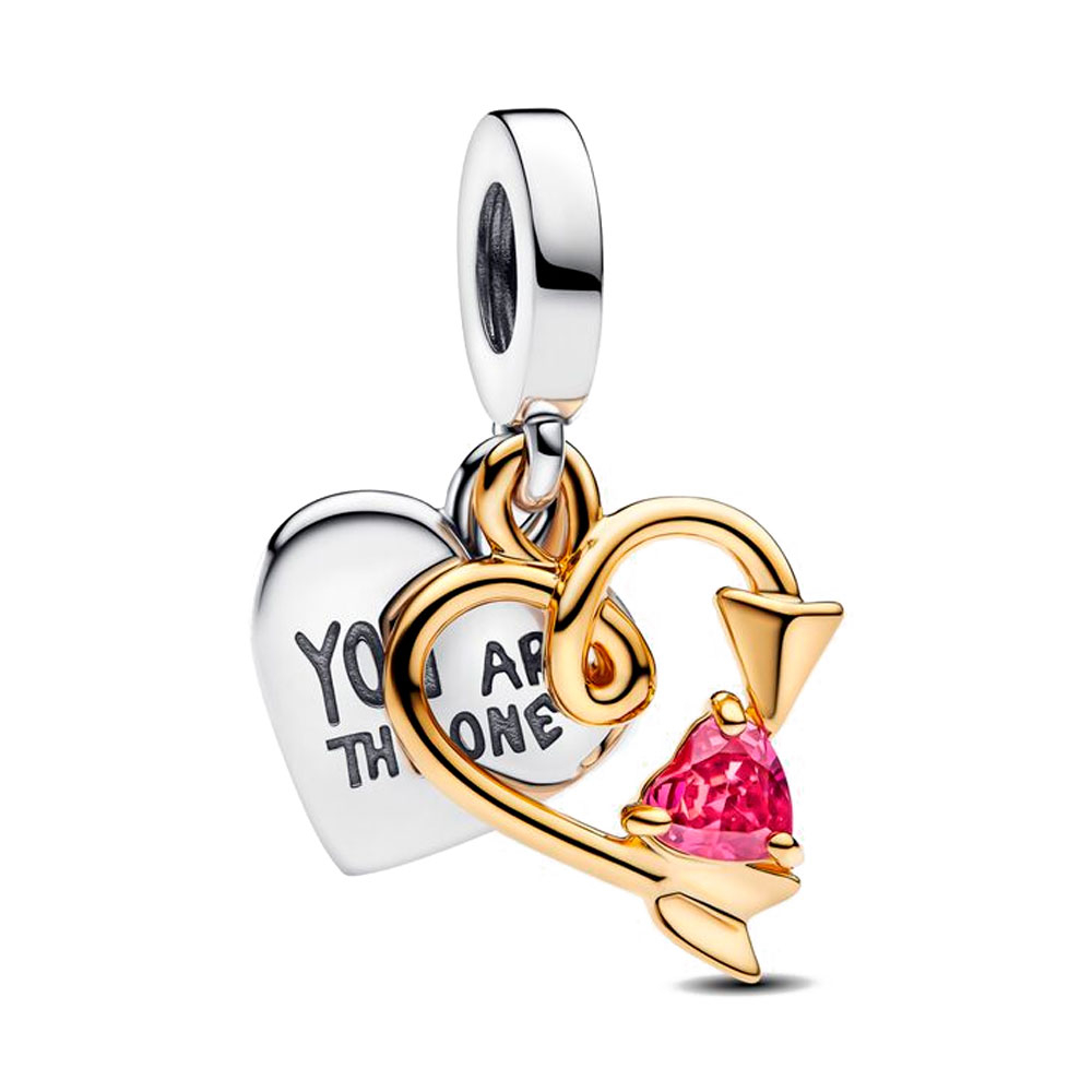 Pandora Silver/Gold/Red Charms Double Heart And Arrow Pendant Charm 763622C01