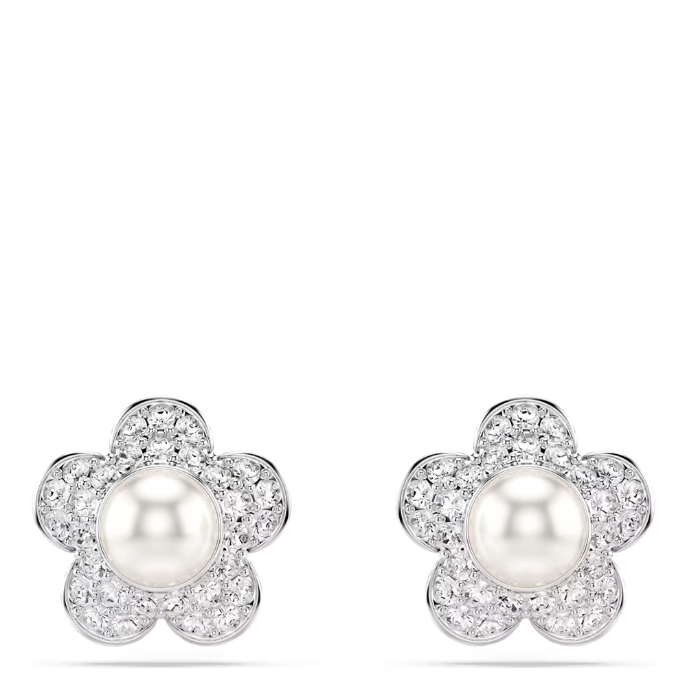 Ariana Grande x Swarovski stud earrings, Crystal Pearl, Round cut, Flower, White, Rhodium plated