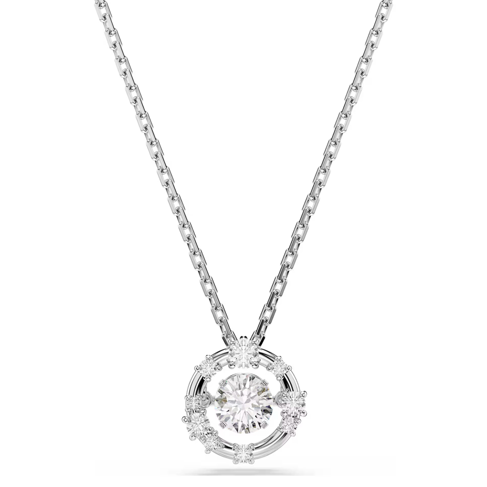 Constella pendant, Round cut, Dancing stone, White, Rhodium plated