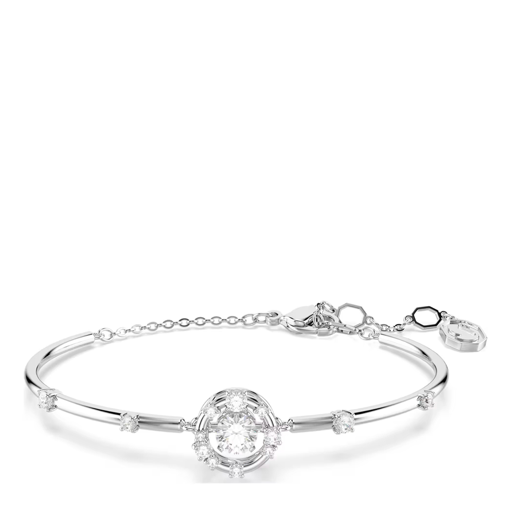 Constella bangle, Round cut, Dancing stone, White, Rhodium plated