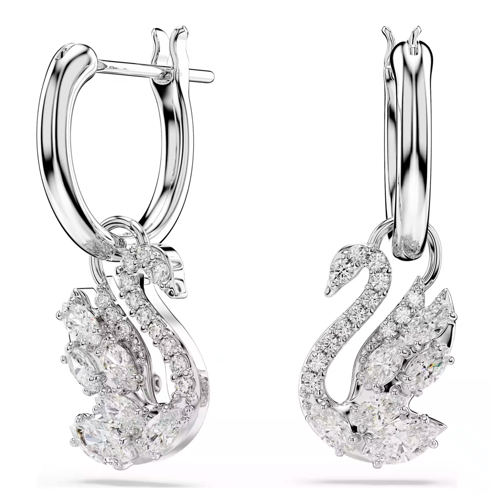 Swan drop earrings, Mixed cuts, Swan, White, Rhodium plated