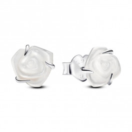 Boucles D'oreilles Pendantes Rose Blanche Avec Pétales Dorés - Émail Et Plaqué Or - Neuf Sans Emballage