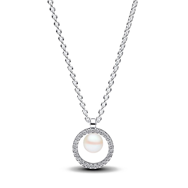 Pandora Silver Necklaces Freshwater Cultured Pearl And Pavé Necklace 393165C01