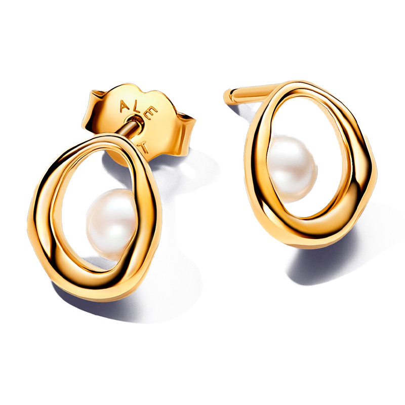 Pandora Gold Earrings Organic Oval Shaped Stud Earrings With Freshwater Cultured Pearl 263295C01