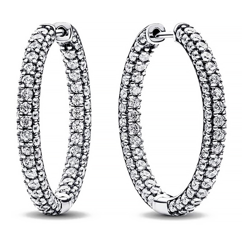 Pandora Silver/Grain Earrings Timeless Pave Row Hoop Earrings 293016C01